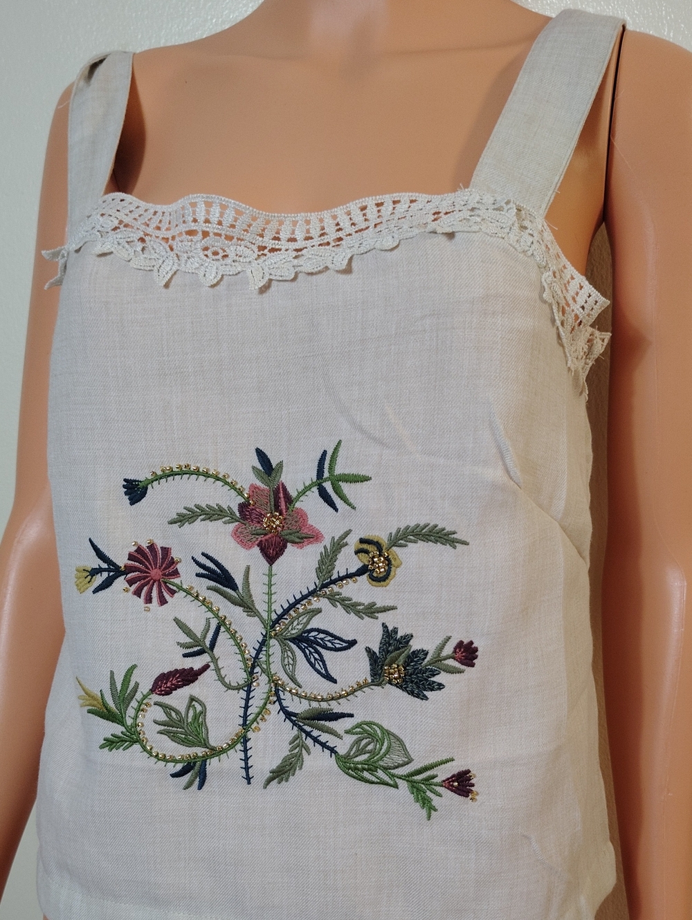 Badgley Mischka Embroidered Linen Boho Cottagecore Tank M - Picture 3 of 14